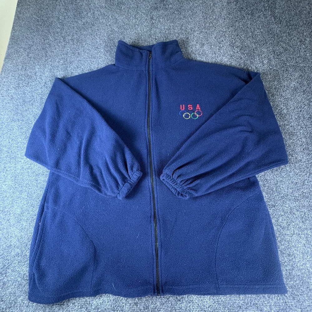 Vintage USA Olympics Fleece Jacket Mens XL Navy Blue Logo Mock Neck Full Zip